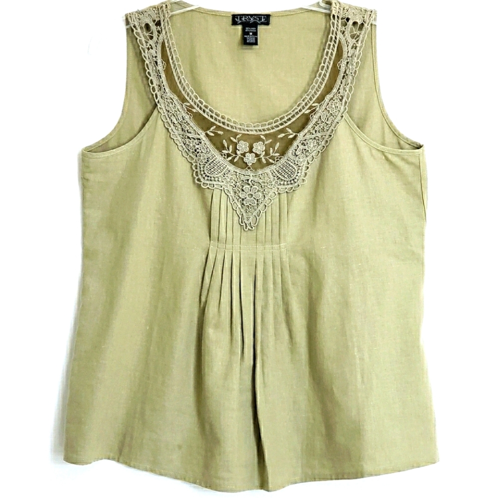 Tryst Olive Green Linen/Lace Sleeveless Top With Pleated Detail & Lace